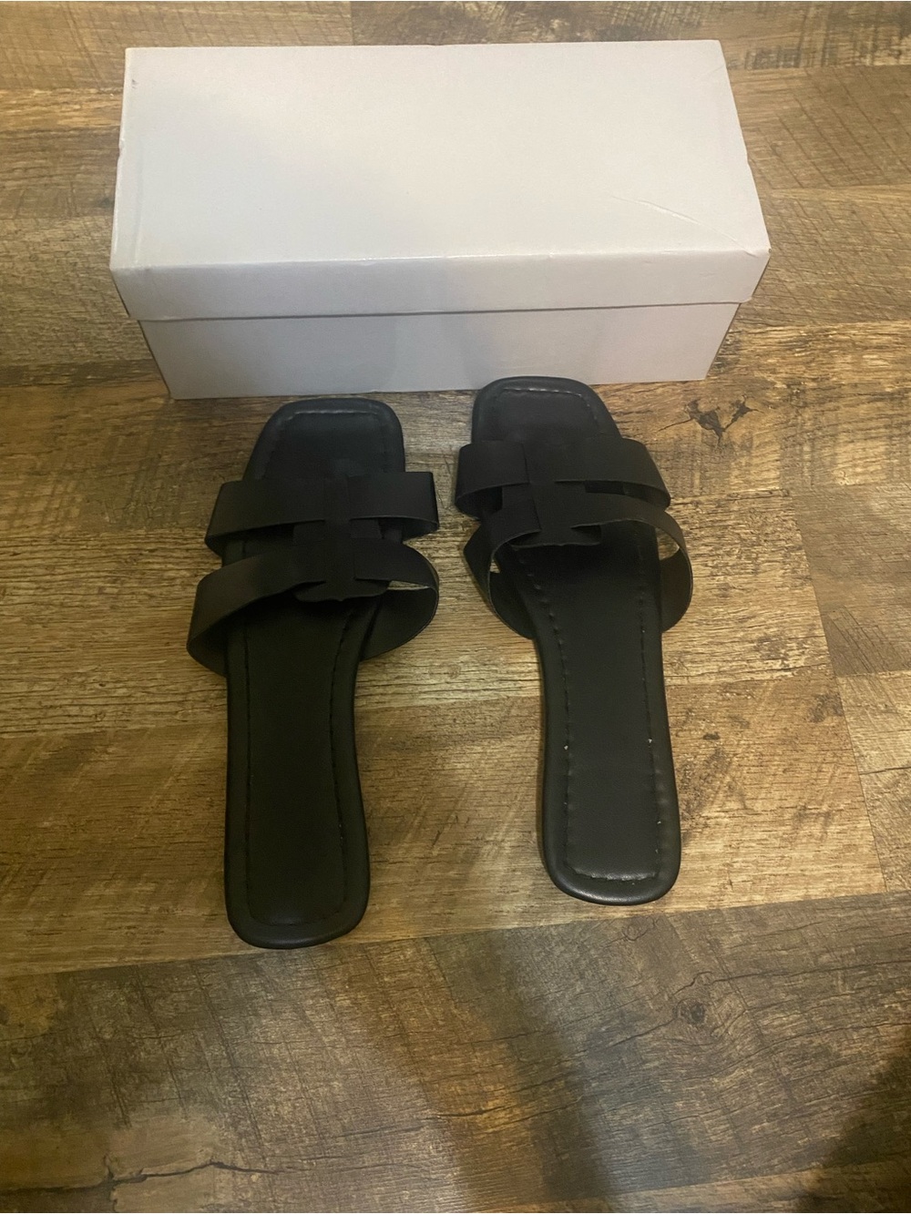Women's Black Slide Sandals with Woven Upper